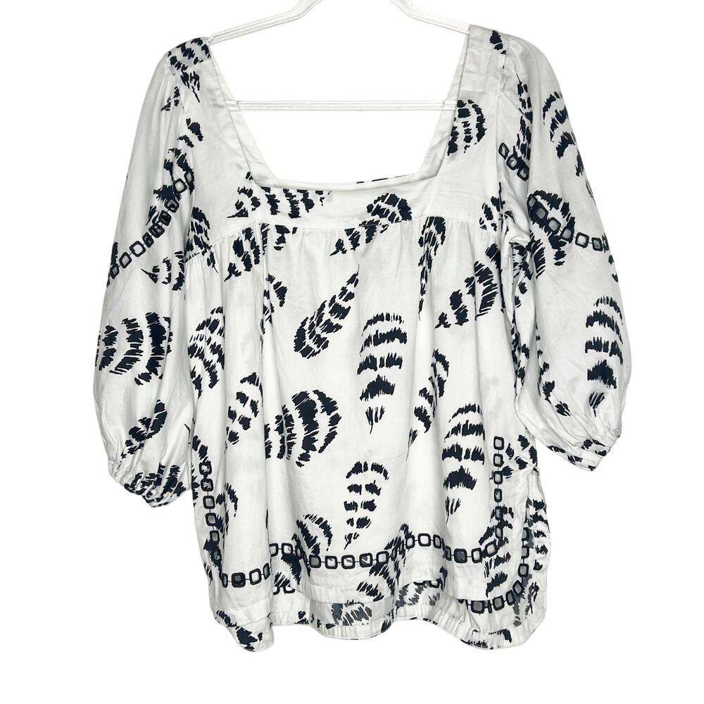 SAM & LAVI Feather Blouse Puff Sleeve Square Neck White Black Womens Size Small